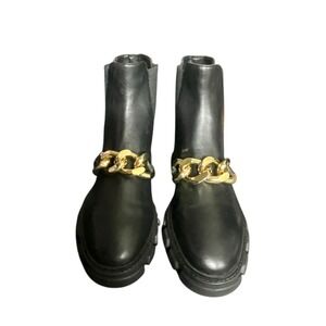 Michael Kors Boots Womens Black Scarlet Chain Link Lug Sole Monogram Ankle Boot